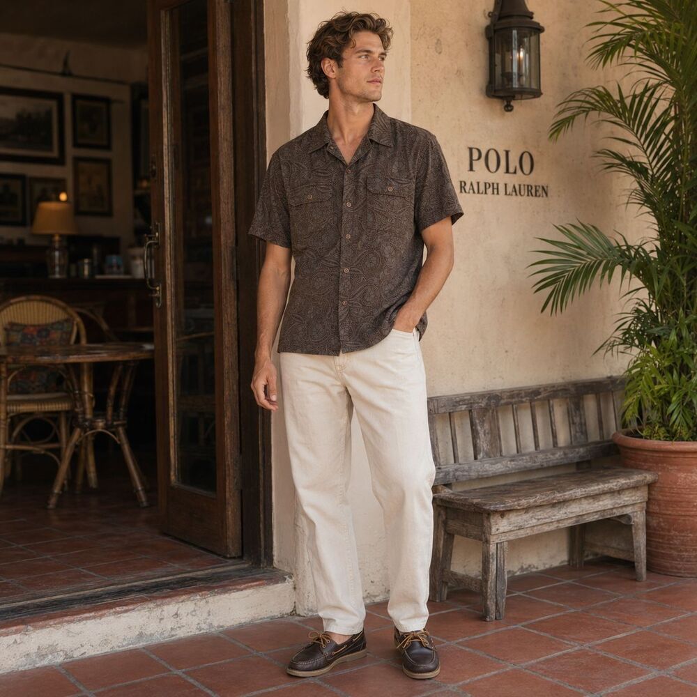 POLO RALPH LAUREN‎ Mens Paisley Camp Shirt LARGE Brown Button 100% Cotton